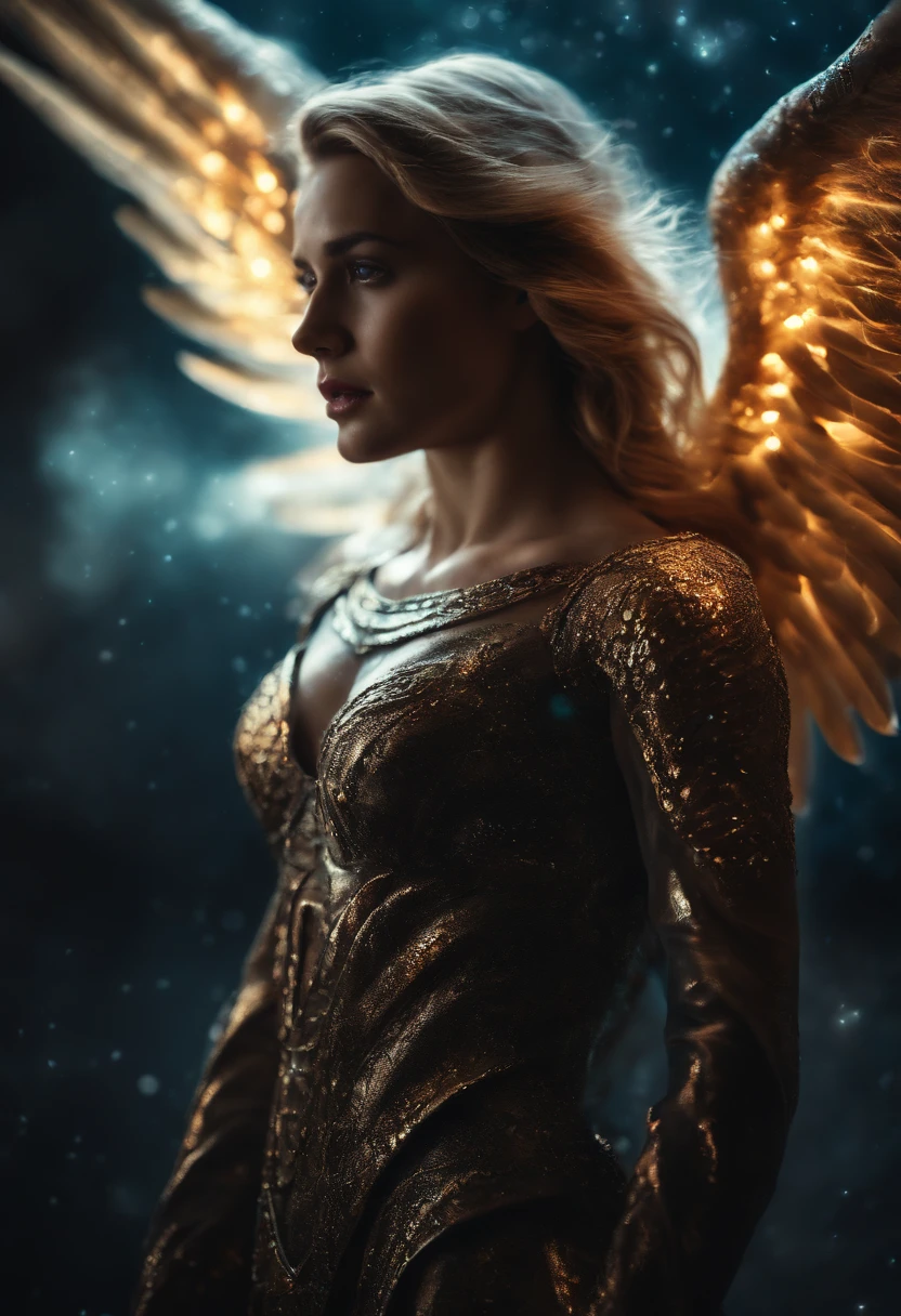 Cosmic Fallen Female Angel, Bright and clear eyes, Biomechanicals, Strangely, horrid, nightmare, Very bright colors, Light particles, There is bright light, Mshiv, wallpaper art, ultra HD wallpaper