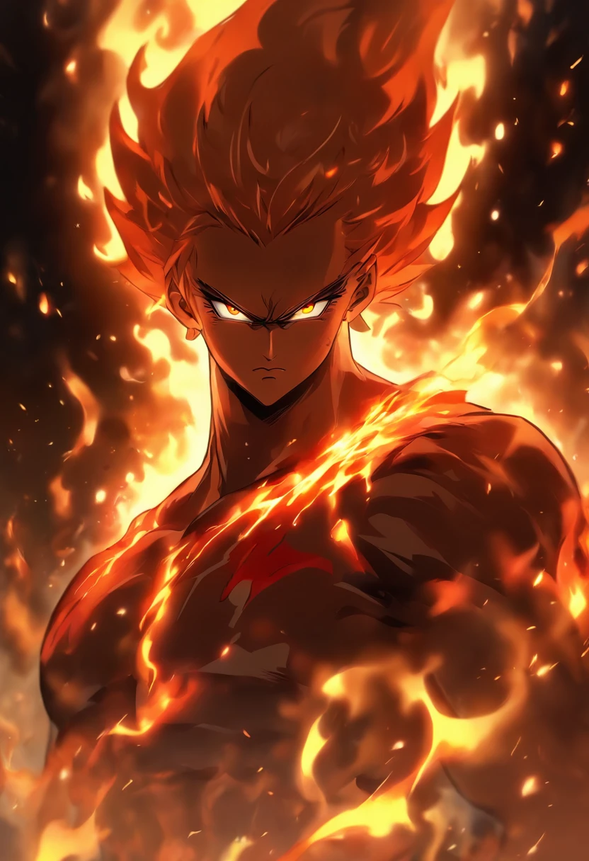 Handsome guy with red eyes, On a neutral dark background, Two red and blond hair colors，Hair is relatively short，Handsome，Tall muscular man，A handsome and decisive  boy,Eight-pack abs，upper body bare, The body emits a golden glow，Majestic gestures and trampling on fiery flames. Flames surged around them, creating an opulent atmosphere