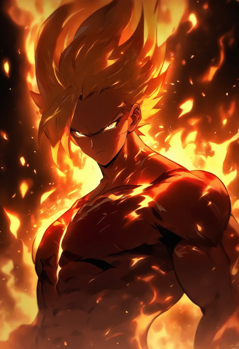 Handsome guy with red eyes, On a neutral dark background, Two red and blond hair colors，Hair is relatively short，Handsome，Tall muscular man，A handsome and decisive  boy,Eight-pack abs，upper body bare, The body emits a golden glow，Majestic gestures and trampling on fiery flames. Flames surged around them, creating an opulent atmosphere