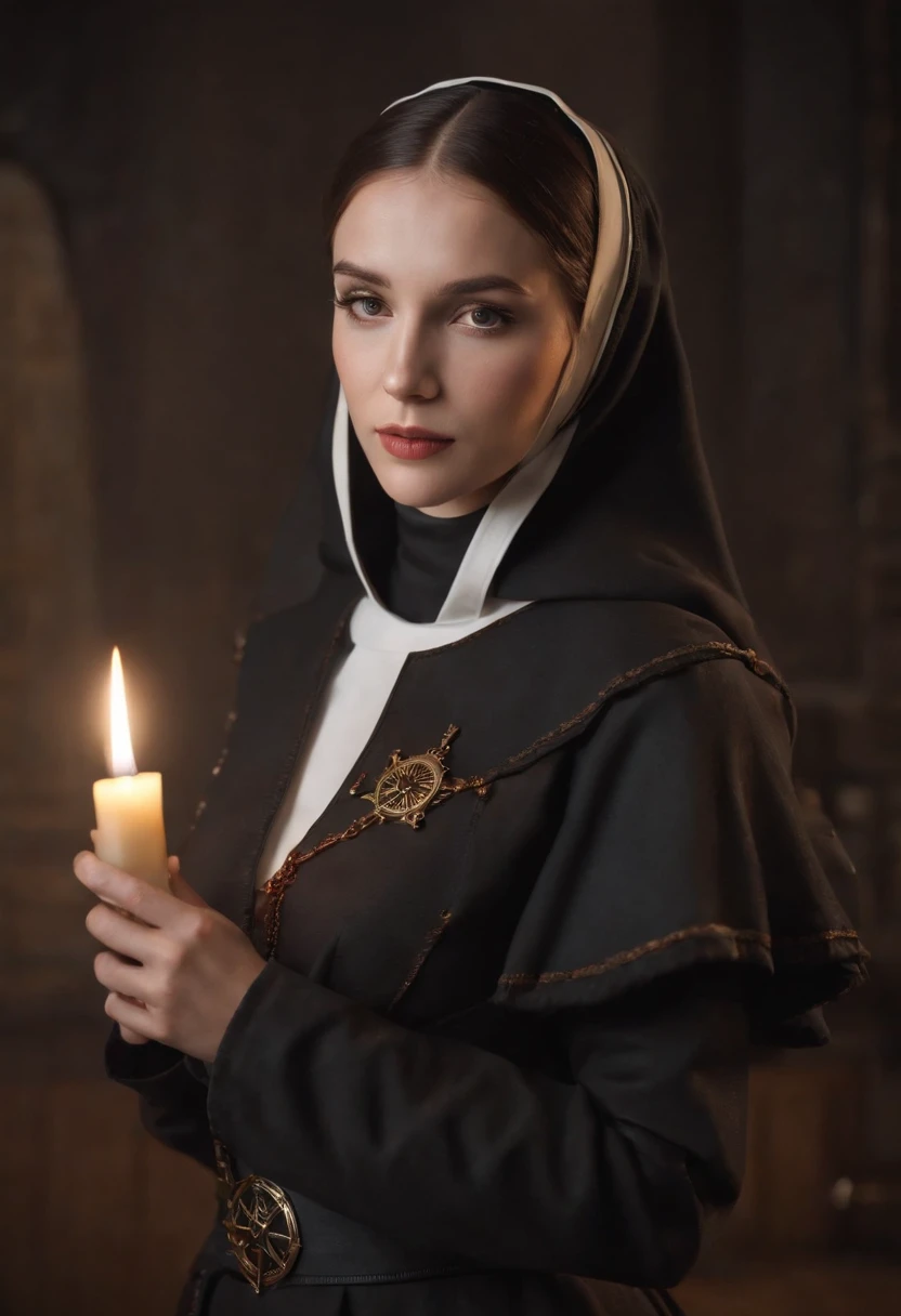 A fullbody nun,atomic heart,her face is human but body is machine,beautiful girl,Holding a MP5 in each hand,detailed pretty face,steampunk,gear, black long stockings,fantasy, global illumination, backlighting, bloom, ((cold light)), sharp focus, photo realistic, detailed skin, background out of focus, cinematic composition , ultra-detailed, realistic , hyper-realistic , volumetric lighting, 8k, trending on artstation