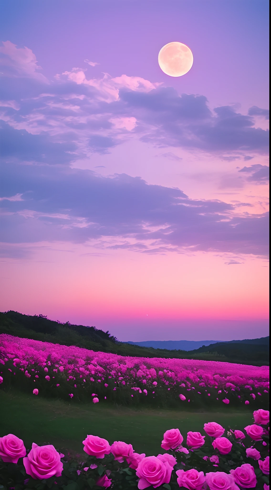 Pink moon, pink sky, soft pink clouds, pink ocean waves sparkling, sparkling, pink roses on pink ocean, fantasy, diamond, crown, universe, soft lights,