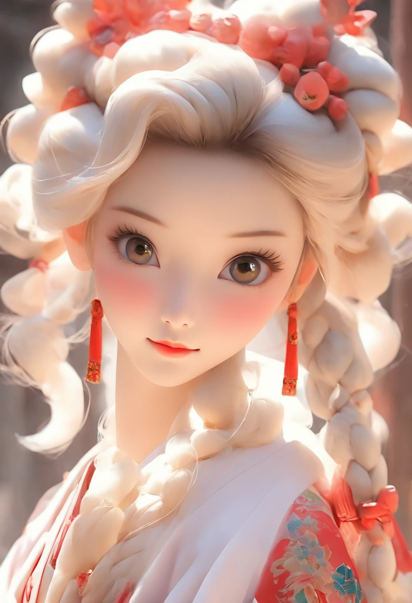 An ancient Chinese girl, Porcelain dolls, Light-colored hair, Slightly curled, Realistic facial features, Hanfu, Oil painting,high high quality,big breasts beautiful,tmasterpiece,Best quality at best