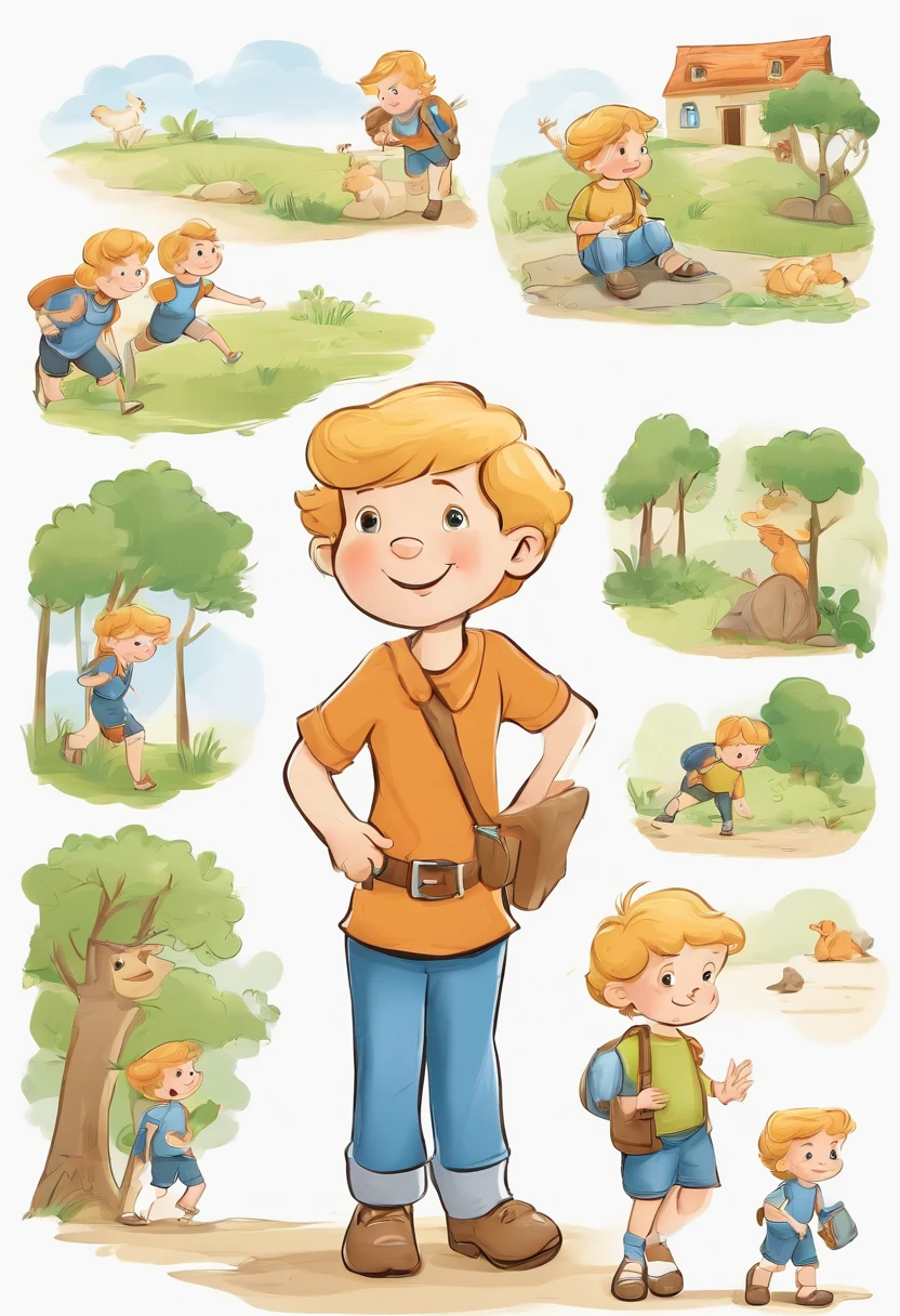 the little explorer, Various poses and expressions on white background, Children's book illustration style, Simple, Cute, for 6 , colours, with short golden hair, solidcolor, Blue short-sleeved shirt, Denim shorts are not included, without a hat, without book, No glasses, No backpack，Dynamic Angle (Comic layout，Voice balloons，English text)