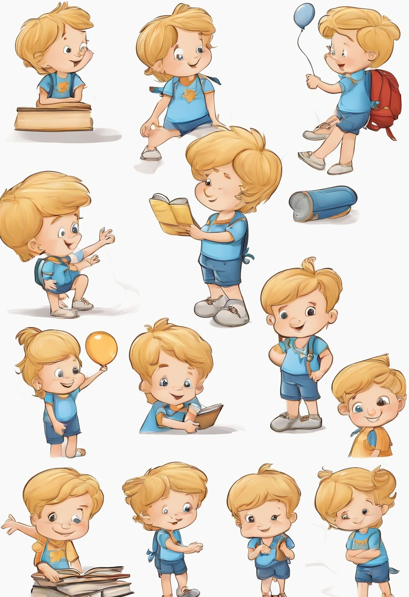 the little explorer, Various poses and expressions on white background, Children's book illustration style, Simple, Cute, for 6 years old, colours, with short golden hair, solidcolor, Blue short-sleeved shirt, Denim shorts are not included, without a hat, without book, No glasses, No backpack,Dynamic Angle (Comic layout,Voice balloons,English text)
