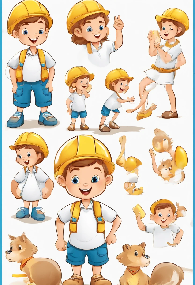 the little explorer, Various poses and expressions on white background, Children's book illustration style, Simple, Cute, for 6 years old, colours, with short golden hair, solidcolor, Blue short-sleeved shirt, Denim shorts are not included, without a hat, without book, No glasses, No backpack，Dynamic Angle (Comic layout，Voice balloons，English text)