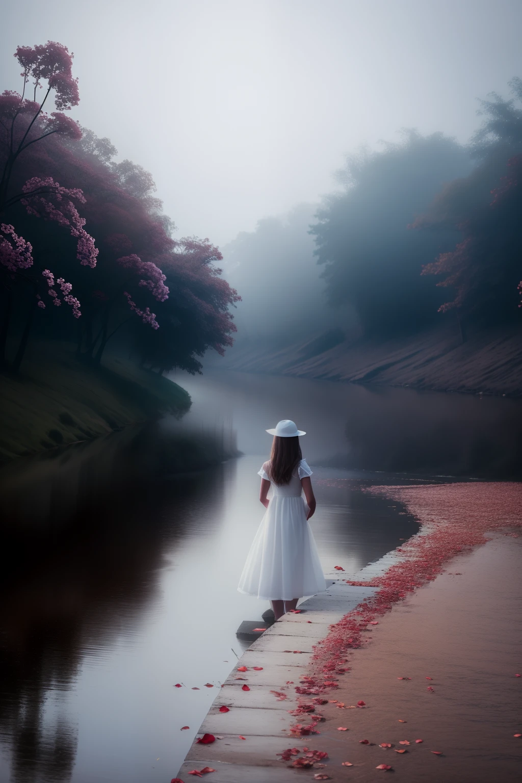 River, girl in white dress, warm light, night, roses different color, fog