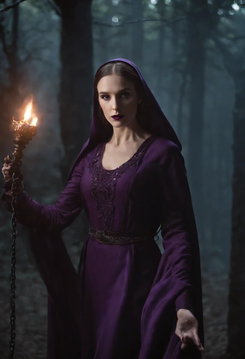 A ghostly nun, dressed in a long black habit, that purple flame flows around her. Her face is both beautiful and dangerous, with pale skin and dark eyes that seem to glow in the darkness. Her hair is long and flowing, stretching down her back like tendrils of smoke. On her lips, a deep red lipstick adds a touch of color to her otherwise monochromatic appearance. purple flame that dance around her, , she holds a iron chains to contorl the purple flame candelabrum , each link clinking softly as she moves. fantasy, global illumination, backlighting, bloom, ((cold light)), sharp focus, photo realistic, detailed skin, background out of focus, cinematic composition , ultra-detailed, realistic , hyper-realistic , volumetric lighting, 8k, trending on artstation