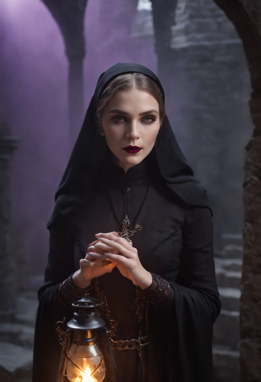 A  nun, upper body,dressed in a long black habit, that purple flame flows around her. Her face is both beautiful and dangerous, with pale skin and dark eyes that seem to glow in the darkness,Her hair is long and flowing, stretching down her back like tendrils of smoke. On her lips, a deep red lipstick adds a touch of color to her otherwise monochromatic appearance. purple flame that dance around her, , she holds a iron chains to contorl the purple flame candelabrum , each link clinking softly as she moves. fantasy, global illumination, backlighting, bloom, ((cold light)), sharp focus, photo realistic, detailed skin, background out of focus, cinematic composition , ultra-detailed, realistic , hyper-realistic , volumetric lighting, 8k, trending on artstation