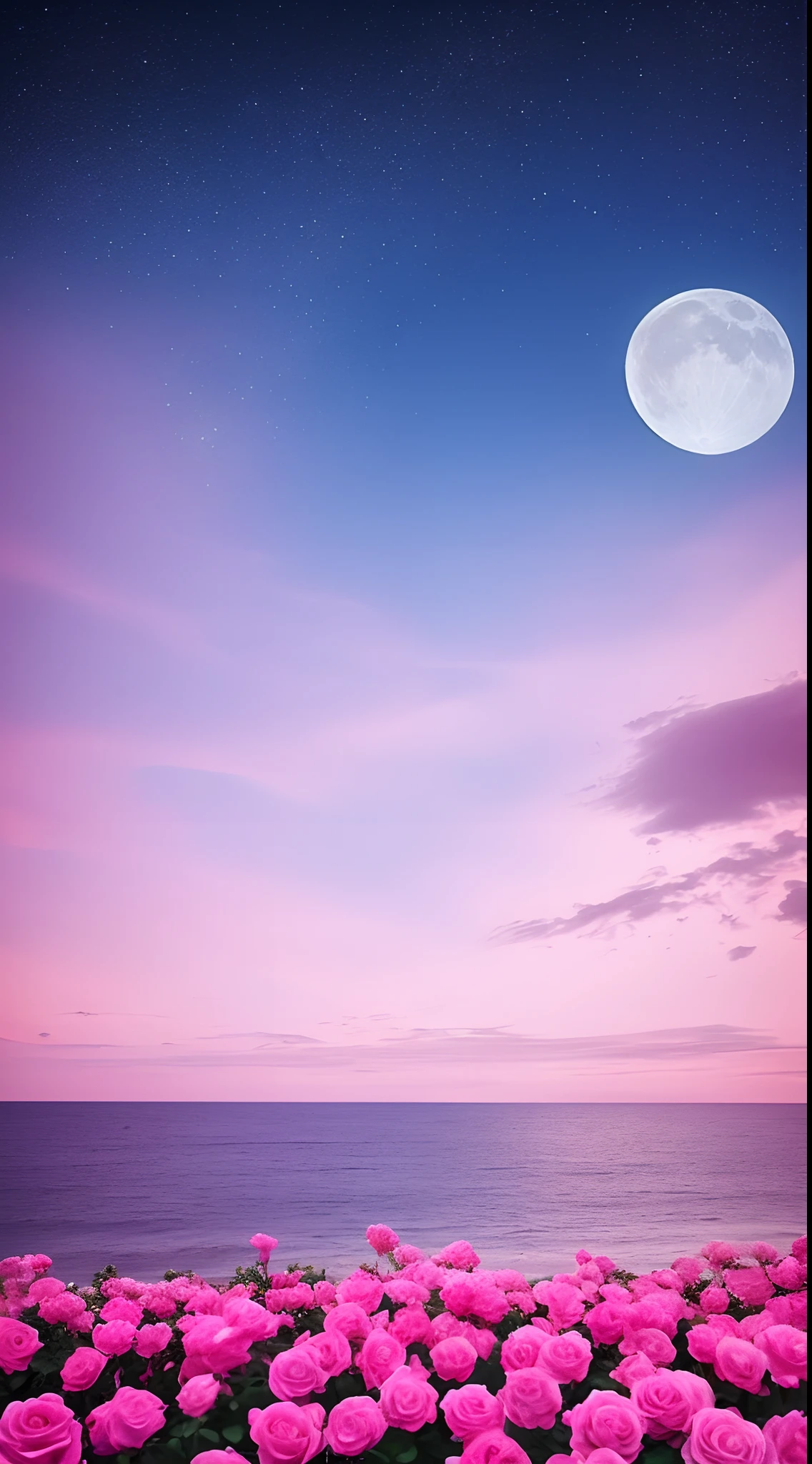 Pink moon, pink sky, soft pink clouds, pink ocean waves sparkling, sparkling, pink roses on pink ocean, fantasy, diamond, crown, universe, soft lights,