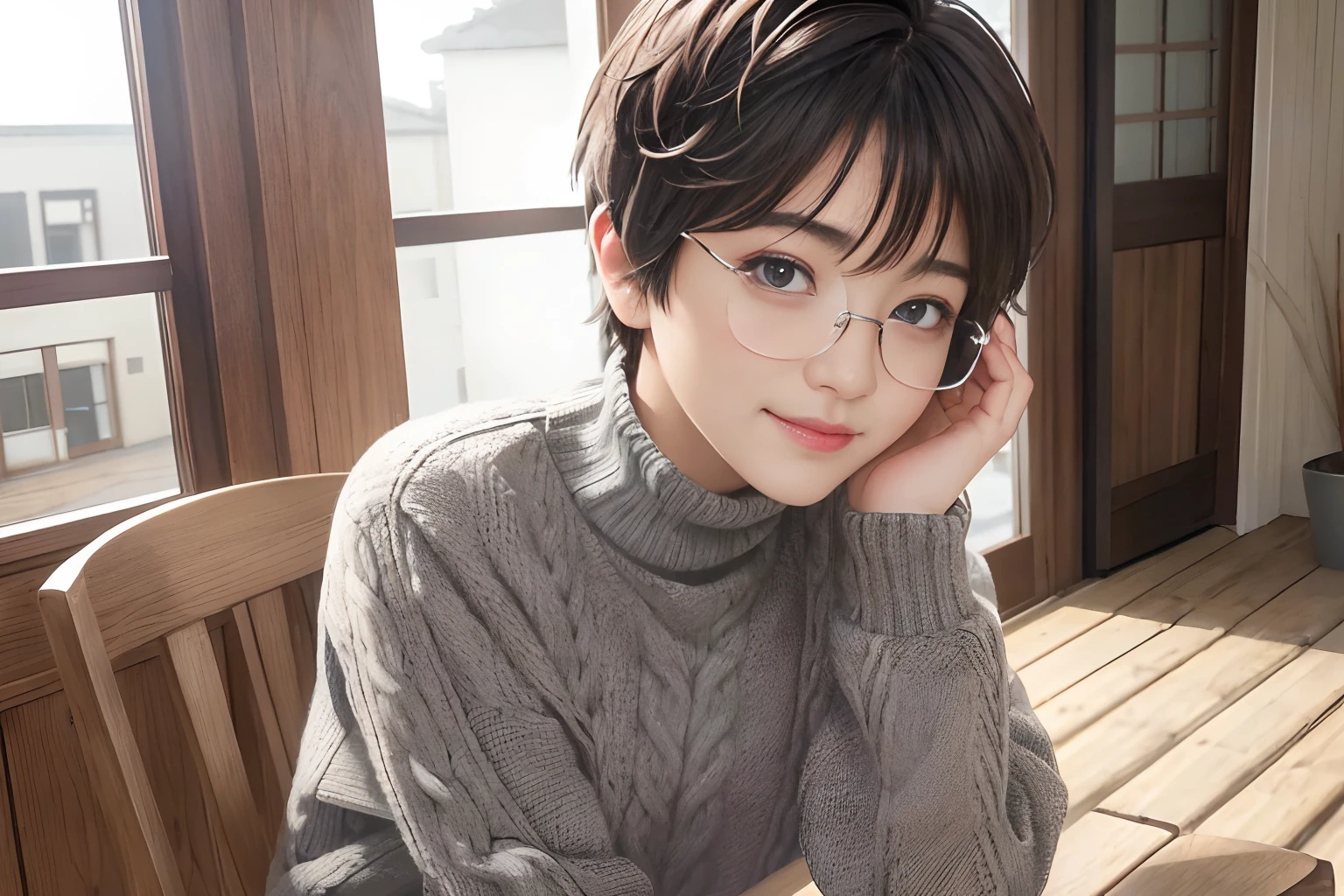 wide angle, Snowy porch, chair, window, outdoor, cozy atmosphere, asian, (disheveled extra fluffy pixie cut:1.2)、8K、Raw photography。top-quality、hightquality、Extreme Detail Photography、Eye for extreme detail、Super Detail Face、Hair in super detail、Super detail body、(Photography Lighting:1.3)、1girl in、The face is about 17 years old.、Puffy eyes、Eyes in good shape。Brown-eyed、dark brown short hair、good lips、Small lips、(Medium chest:1.3)、good breasts、Natural makeup、Raw photo, Best Quality, masutepiece, ultra-detailliert, 超A high resolution, Realistic, (dark grey cable knit turtleneck sweaters:1.2)、(detailed fabrics:1.3), cleft chin, (slanted eyes), (windsor glassses:1.2), sitting on a wooden chair while smiling and tilting head