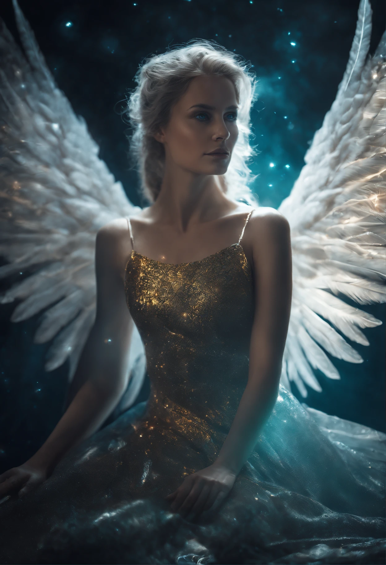 Cosmic Fallen Female Angel, Bright and clear eyes, Biomechanicals, Strangely, horrid, nightmare, Very bright colors, Light particles, There is bright light, Mshiv, wallpaper art, ultra HD wallpaper