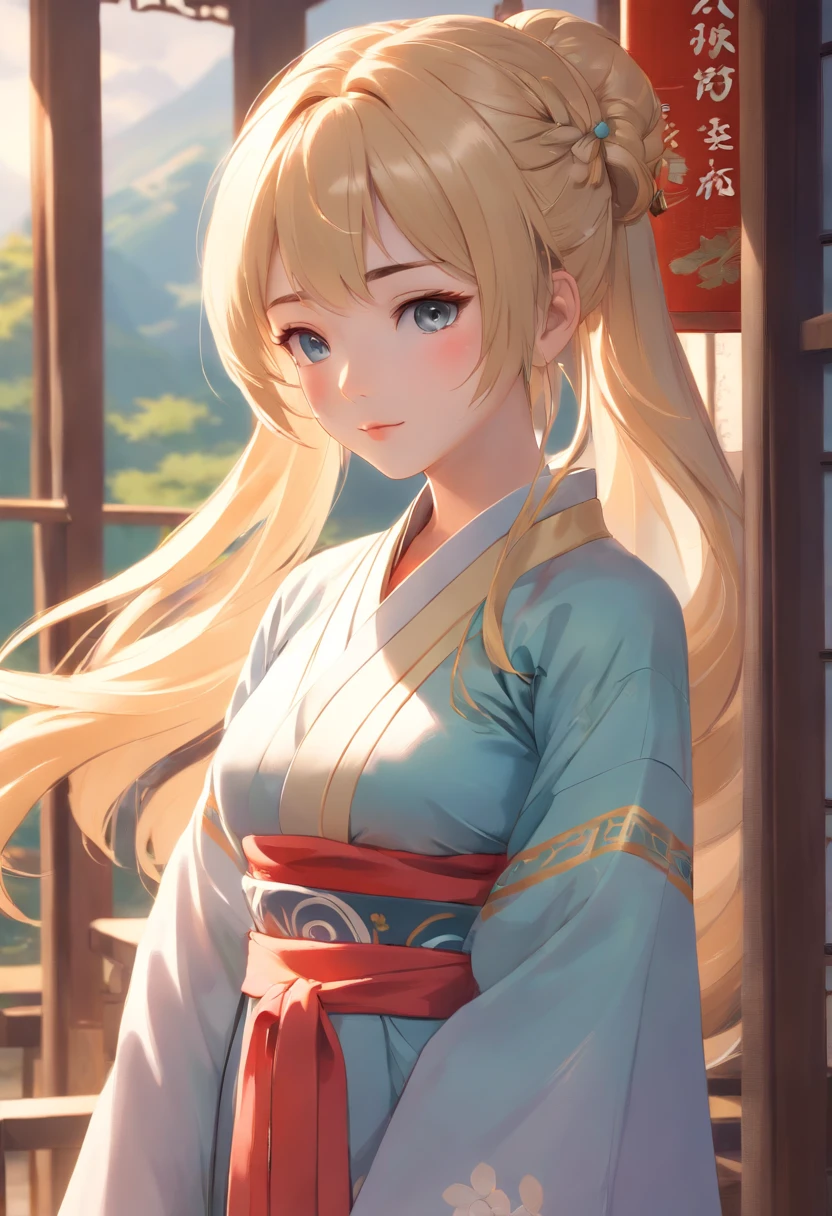 An ancient Chinese girl, Porcelain dolls, Light-colored hair, Slightly curled, Realistic facial features, Hanfu,high high quality,big breasts beautiful,tmasterpiece,Best quality at best