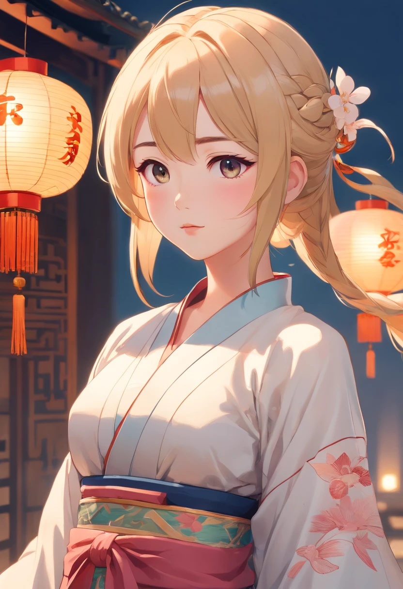 An ancient Chinese girl, Porcelain dolls, Light-colored hair, Slightly curled, Realistic facial features, Hanfu，high high quality，big breasts beautiful，tmasterpiece，Best quality at best