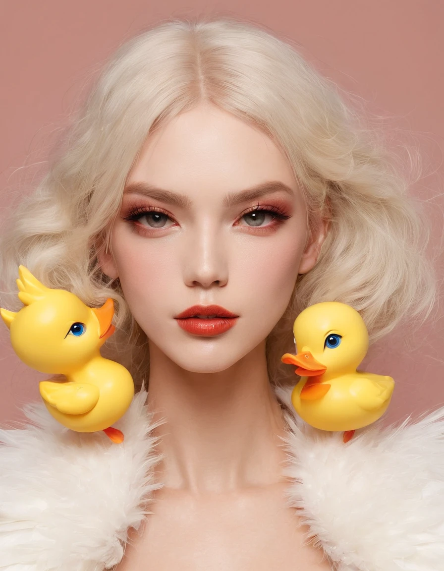 masterpiece, best quality, girl as toy duck, rubber duck with human legs, rubber duck as human model on fashion week, in full grown, yellow skin, cute duck head, duck furry, model pose, wings, yellow wings, feather wings, duck legs, calm eyes, silver accessories, nimbus, angel-like, big lips, big orange lips, tiny little nose