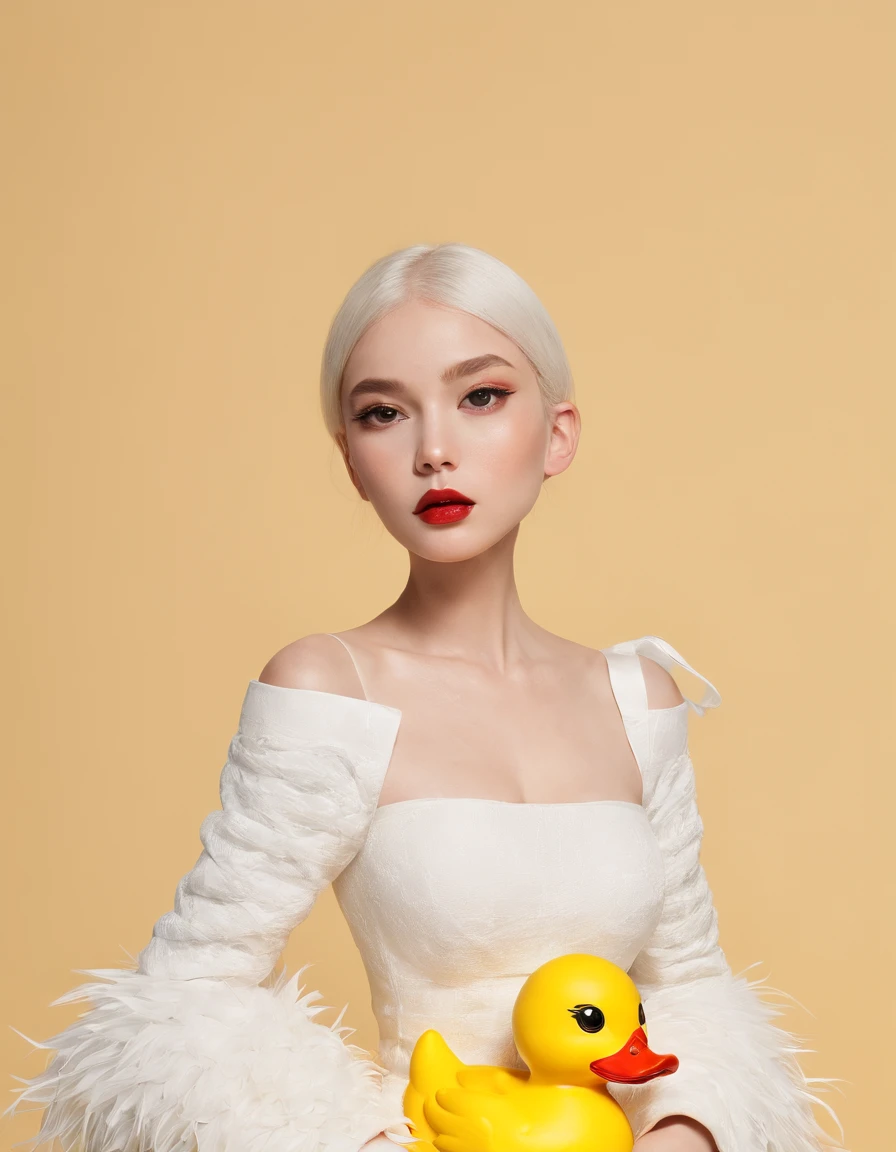 masterpiece, best quality, girl as toy duck, rubber duck with human legs, rubber duck as human model on fashion week, in full grown, yellow skin, cute duck head, duck furry, model pose, wings, yellow wings, feather wings, duck legs, calm eyes, silver accessories, nimbus, angel-like, big lips, big orange lips, tiny little nose