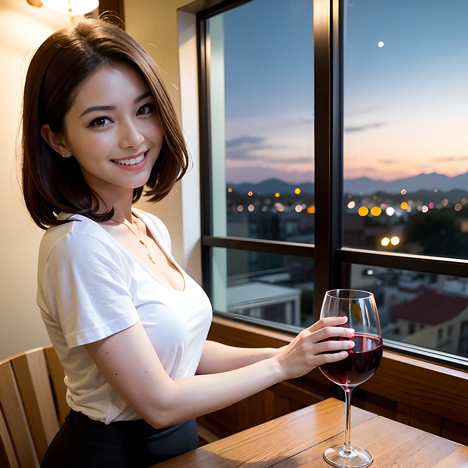 (64K, UHD, top quality, masterpiece: 1.2), (realistic, photorealistic: 1.37), super detailed, pretty woman 1 person, (slim face), (slim body), (brown hair), (short cut), cheeks slightly blushing, (44 years old), 38 years old, solo, beautiful detailed urban night view outside the window, restaurant, wine glasses sit, at night, in a prominent placeNovaFrogStyle, Actress, Model, Waist Up, White Wine, Slim, Wine Glass, Super Clean Night View, Wine Glass Put in the Middle, Happy Smile, (Smile: 1.15), Beautiful Fine Eyes, Upper Body, Bust Japan Up, Night, Short, Short, Actress, Model, Waist Up, White Wine, Slim, Wine Glass, Super Clean Night View, Wine Glass Put in the Middle, Happy Smile,