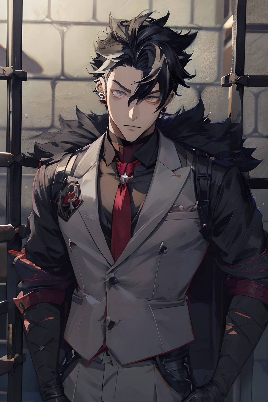 anime character in a suit and tie standing in front of a jail cell, badass anime 8 k, handsome guy in demon slayer art, handsome male vampire, anime handsome man, key anime art, shigenori soejima illustration, best anime 4k konachan wallpaper, male anime character, handsome anime pose, male vampire, anime portrait of a handsome man