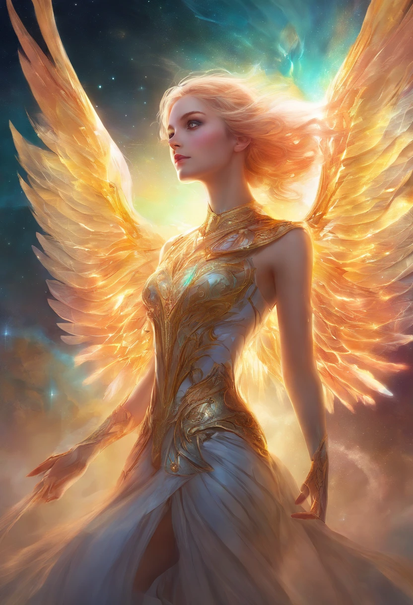 Cosmic Fallen Female Angel, Bright and clear eyes, Biomechanicals, Strangely, horrid, nightmare, Very bright colors, Light particles, There is bright light, Mshiv, wallpaper art, ultra HD wallpaper