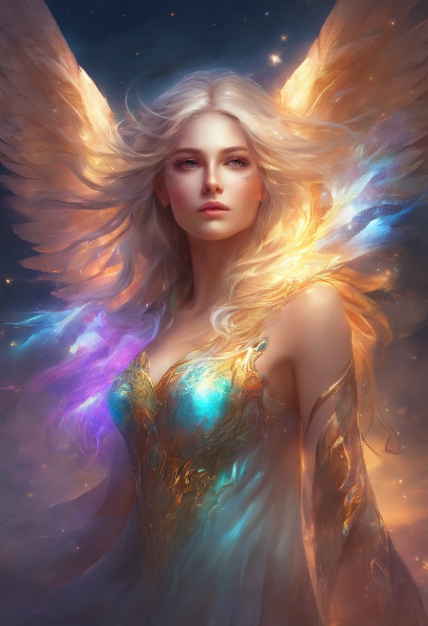 Cosmic Fallen Female Angel, Bright and clear eyes, Biomechanicals, Strangely, horrid, nightmare, Very bright colors, Light particles, There is bright light, Mshiv, wallpaper art, ultra HD wallpaper