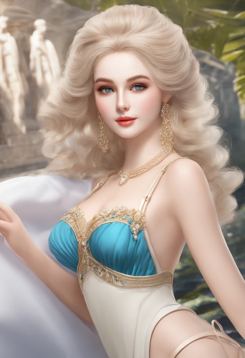 「A modern twist on Marie Antoinette、Rebuild into an 18-year-old figure as a beautiful girl in a swimsuit。Below are the detailed characteristics:
-hairdo: With long hair、Wavy hair
- Hair color: Blonde hair
- facial features;: Graceful and well-formed face、Big eyes(Color blue or green)、Charming smile
- skin features;: With natural skin tone、Beautiful skin quality
-swimsuit: Swimsuit with white and blue stripes bikini design(Color is optional)
-expression: Graceful and confident smile
-background: Blue sea and white sand behind beautiful beaches
-pose: Standing on the beach、Waving lightly with the sea in the back
- Other special requests: Take in Marie Antoinette's historic accents and elements for a modern twist。
Draw Marie Antoinette in a swimsuit as a modern beautiful girl。」