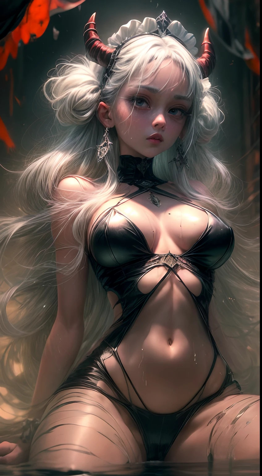 Amidst a surreal scene, a figure stands with unique and striking features. Their white hair cascades down, glistening with moisture, forming a mesmerizing hair bikini, revealing inner hair of vivid colors. Atop their head sits a maid headdress, a nod to tradition. Strikingly contrasting the innocence, demon horns emerge, asserting a celestial and infernal connection. Their pupils are a captivating paradox, mismatched with devil pupils, displaying both light and darkness, red as embers . As god rays illuminate the silhouette from the side, an enigmatic presence is unveiled, one that seems to transcend both mortal and ethereal realms. Beautiful cleavage revealing itself underneath her clothes. Perfect body, crouch down, spread legs, from below