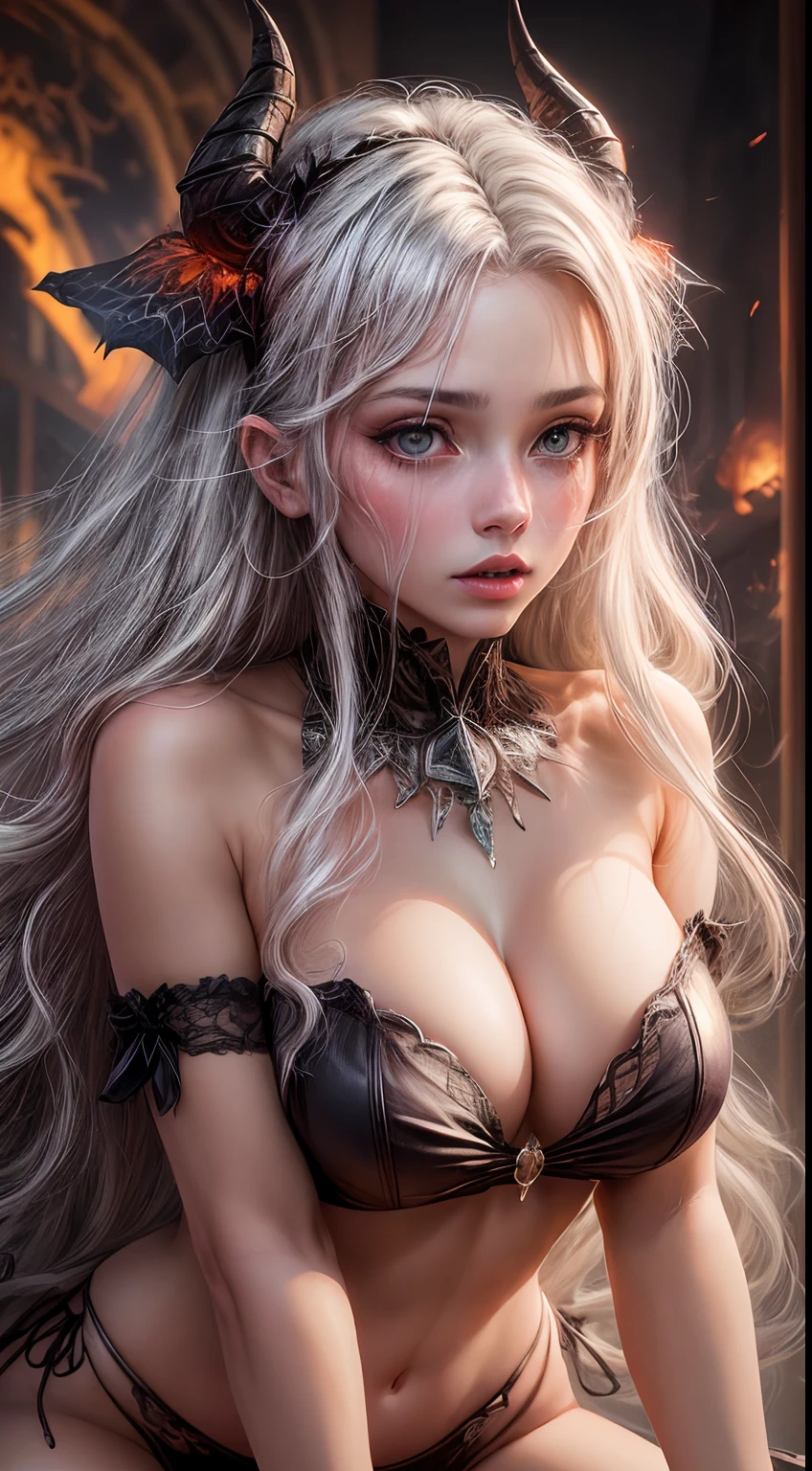 Amidst a surreal scene, a figure stands with unique and striking features. Their white hair cascades down, glistening with moisture, forming a mesmerizing hair bikini, revealing inner hair of vivid colors. Atop their head sits a maid headdress, a nod to tradition. Strikingly contrasting the innocence, demon horns emerge, asserting a celestial and infernal connection. Their pupils are a captivating paradox, mismatched with devil pupils, displaying both light and darkness, red as embers . As god rays illuminate the silhouette from the side, an enigmatic presence is unveiled, one that seems to transcend both mortal and ethereal realms. Beautiful cleavage revealing itself underneath her clothes. Perfect body, crouch down, spread legs, from below