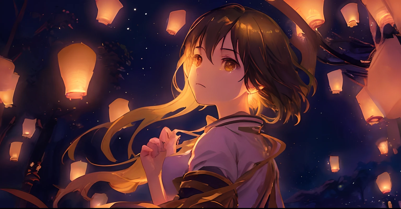Create exquisite illustrations reminiscent of Makoto Shinkai's style, It has ultra-fine details and top-notch quality, Create an illustration of a girl gazing up at the night sky as lanterns made of candles float into the heavens. The sky is filled with these lanterns, resembling a starry constellation, and they create a breathtaking, dreamlike scene. The girl's face is filled with wonder and nostalgia as she watches the lanterns ascend. The soft glow of the lanterns adds to the enchantment of the moment, making it a magical and serene experience. This scene captures the essence of fantasy, nostalgia, and the beauty of connecting with the night sky.