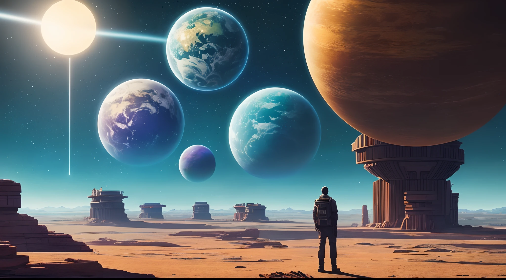 there is a man standing on a rock looking at planets, sci-fi digital art, sci-fi digital art illustration, beeple art, sci - fi illustrations, sci-fi illustrations, sci fi art, science fiction art, realism | beeple, epic surrealism 8k oil painting, beeple and tim hildebrandt, sci-fi art
