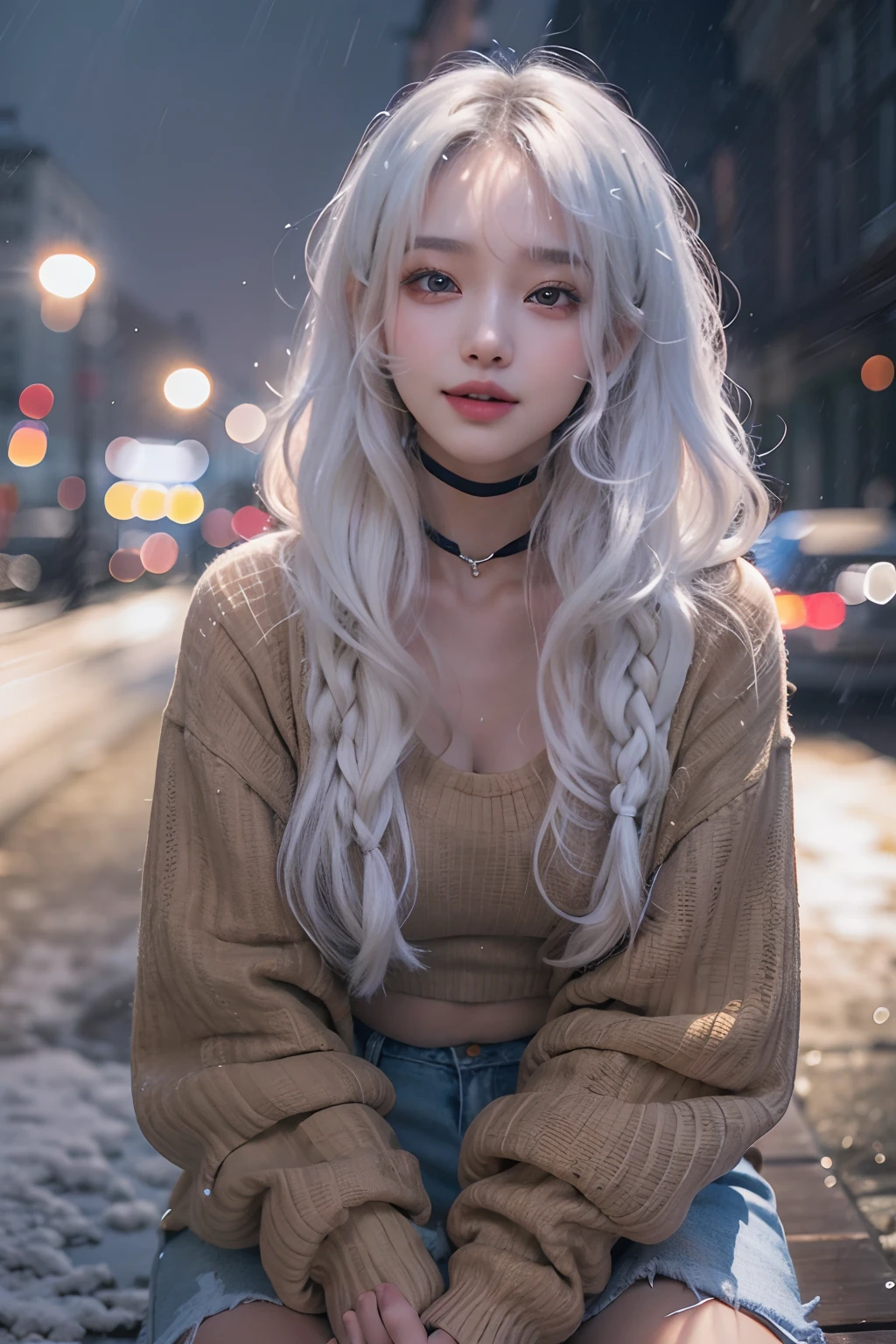(Best Quality Detail)、realisitic、8K UHD、hight resolution、(Knee shot)、(1girl in)、((The best smile))、The ultra-detailliert、High quality textures、intricate detailes、High quality shadows、Detail Beautiful delicate face、Detail Beautiful delicate eyes、depth of fields、Ray traching、in her 20s、(The best smile)、Pretty Kpop Girl、(Korean Urzan Face)、Slender face、(ulzzang -6500-v1.1:0.6)、pureerosface_v1、gloweyes、perfectbody、 ((look at viewr))、(White hair color)、(sitting on)、teak、Glossy lips、Natural color reproduction, ((strong lights))、(a choker)、((Brown eyes))、(White hair), (Braids)、(Pattsun bangs)、(bangss)、 Shiny hair、Description beautiful delicate hair、(Lustrous skin)、(Long Sleeve White Hoodie)、(Denim jeans)、(early evening)、(The city after the rain)、(the wind)、(Falling snow)、