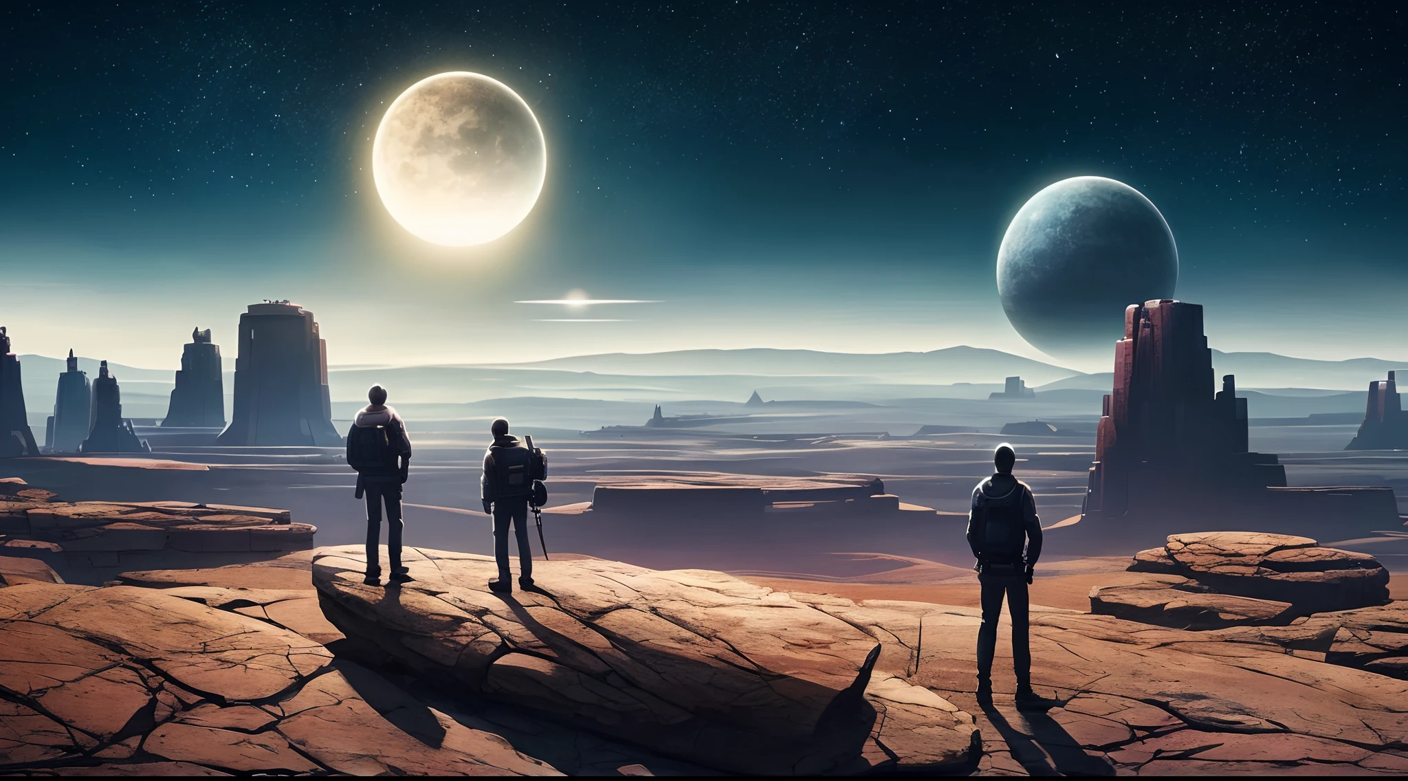 there is a man standing on a rock looking at planets, sci-fi digital art, sci-fi digital art illustration, beeple art, sci - fi illustrations, sci-fi illustrations, sci fi art, science fiction art, realism | beeple, epic surrealism 8k oil painting, beeple and tim hildebrandt, sci-fi art