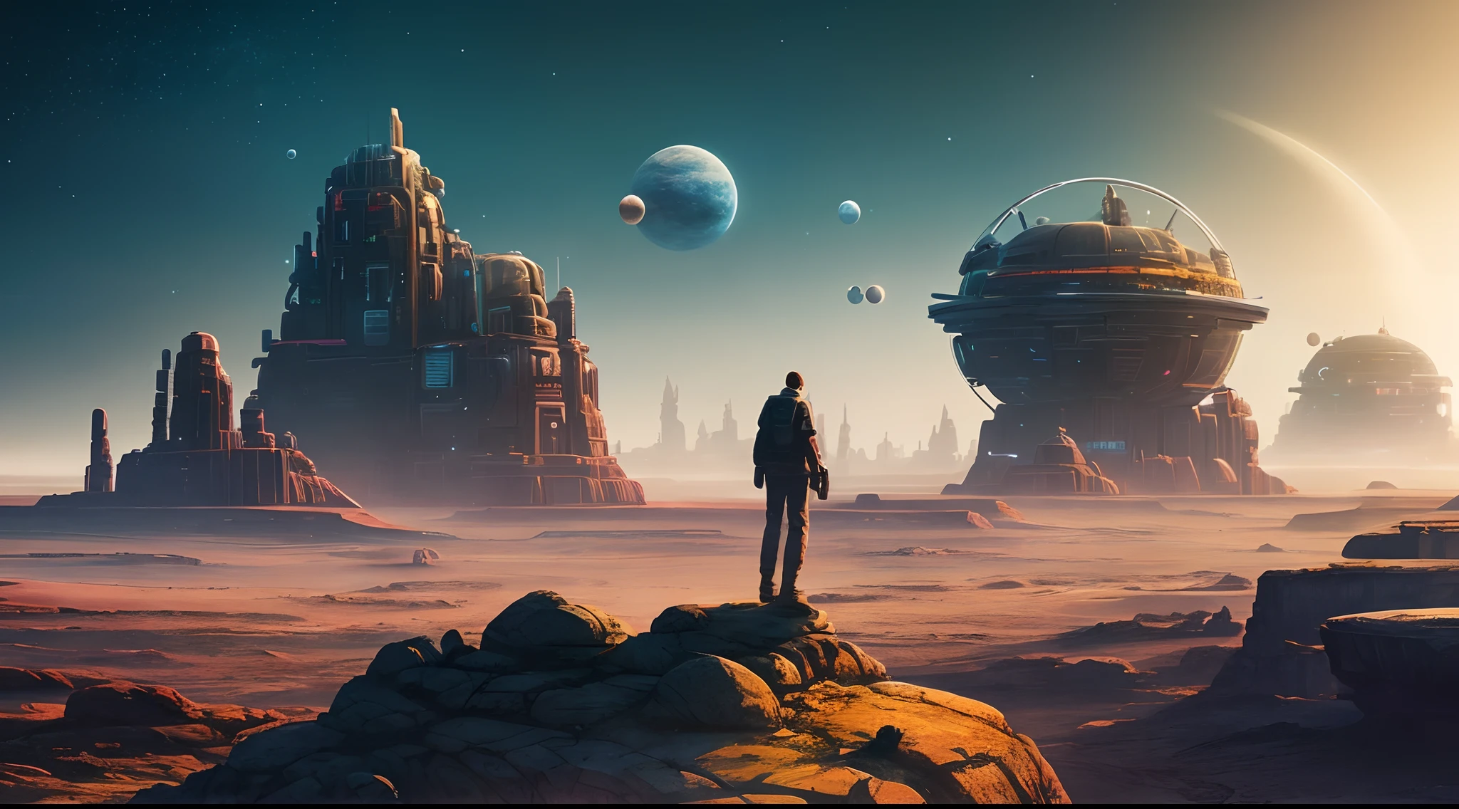 there is a man standing on a rock looking at planets, sci-fi digital art, sci-fi digital art illustration, beeple art, sci - fi illustrations, sci-fi illustrations, sci fi art, science fiction art, realism | beeple, epic surrealism 8k oil painting, beeple and tim hildebrandt, sci-fi art