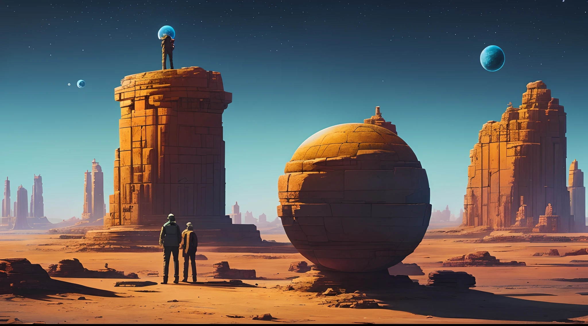 there is a man standing on a rock looking at planets, sci-fi digital art, sci-fi digital art illustration, beeple art, sci - fi illustrations, sci-fi illustrations, sci fi art, science fiction art, realism | beeple, epic surrealism 8k oil painting, beeple and tim hildebrandt, sci-fi art