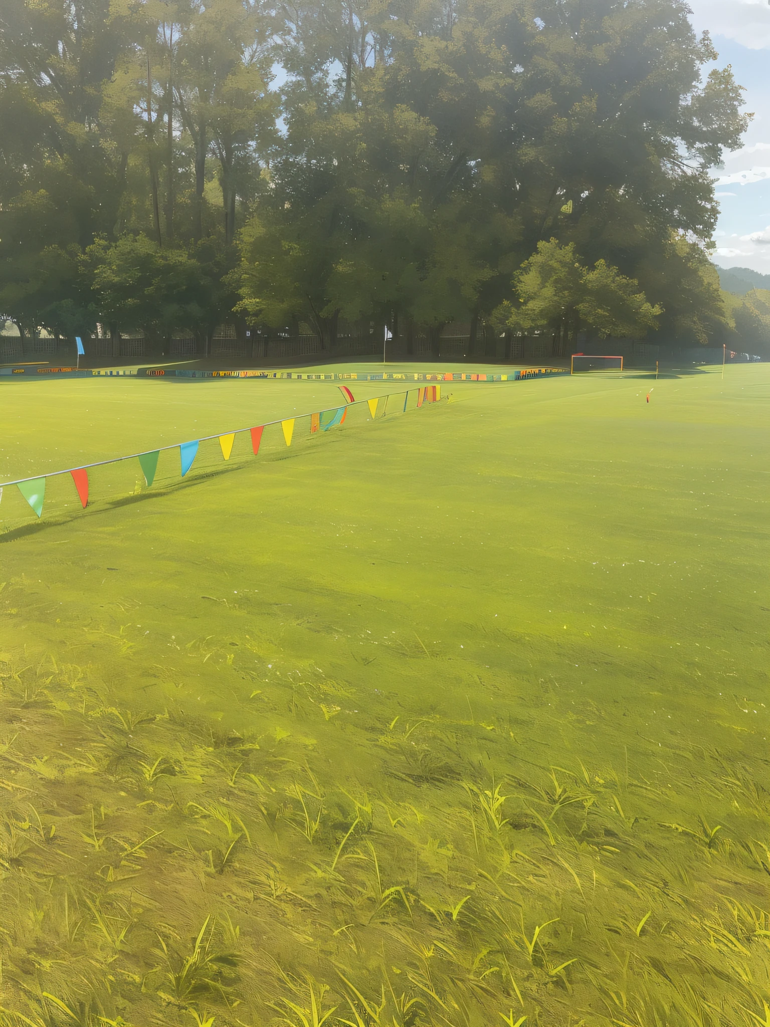 there are many colorful flags in the grass on the field, 3 / 4 wide shot, torches in ground, from the distance, having a great time, a wide shot, 1 0 0 meter in the distance, round about to start, wide-shot, wide - shot, ; wide shot, marking lines, medium level shot, mid range shot, very wide shot