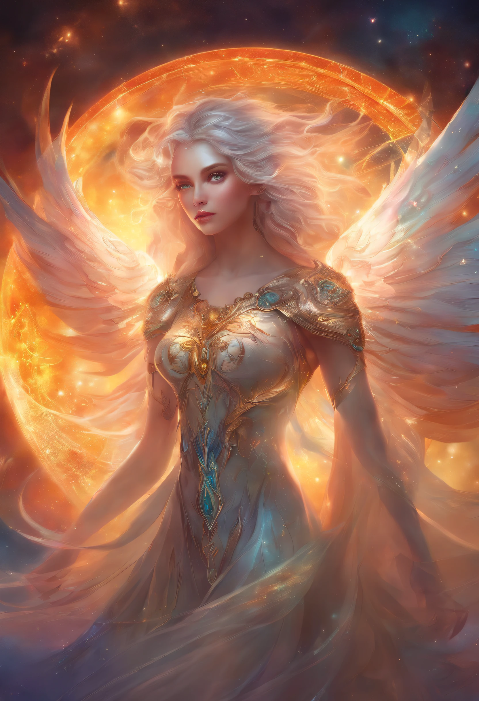 Cosmic Fallen Female Angel, Bright and clear eyes, Biomechanicals, Strangely, horrid, nightmare, Very bright colors, Light particles, There is bright light, Mshiv, wallpaper art, ultra HD wallpaper