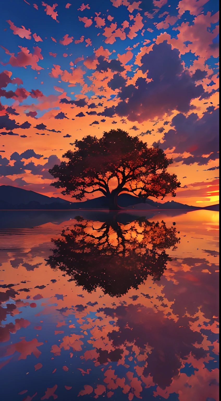there is a beautiful sunset with a lake and trees in the background, colorful skies, surreal colors, colorful sunset, colorful sky, marvellous reflection of the sky, stunning sky, dream like atmosphere 8k, colorful clouds, colors reflecting on lake, surreal sky, red and blue reflections, fire reflection, beautiful sky, beautiful and spectacular dusk, beautiful dreamy landscape, amazing sky