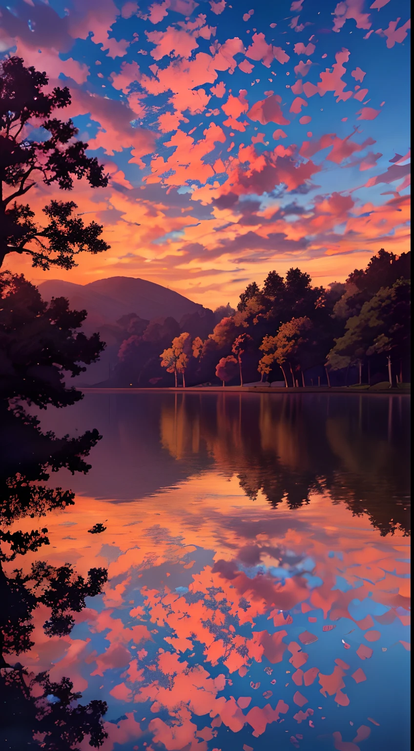 there is a beautiful sunset with a lake and trees in the background, colorful skies, surreal colors, colorful sunset, colorful sky, marvellous reflection of the sky, stunning sky, dream like atmosphere 8k, colorful clouds, colors reflecting on lake, surreal sky, red and blue reflections, fire reflection, beautiful sky, beautiful and spectacular dusk, beautiful dreamy landscape, amazing sky