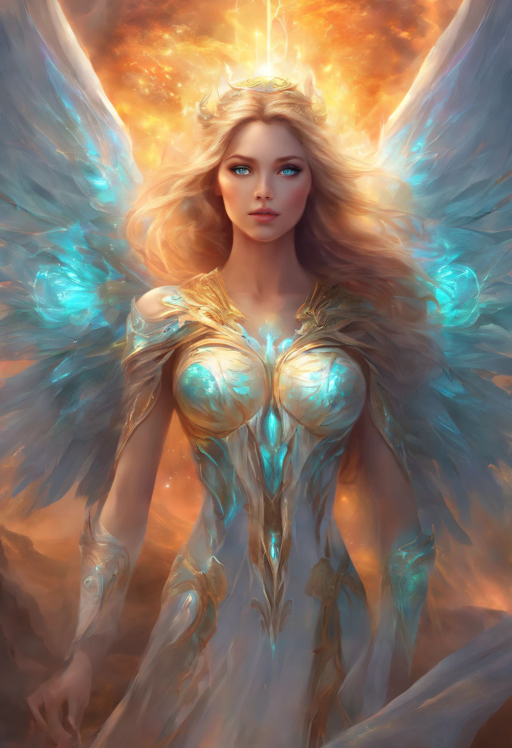 Cosmic Fallen Female Angel, Bright and clear eyes, Biomechanicals, Strangely, horrid, nightmare, Very bright colors, Light particles, There is bright light, Mshiv, wallpaper art, ultra HD wallpaper