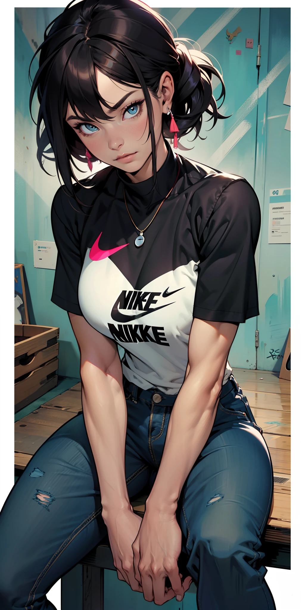 , (fundo bonito e claro: 1.2),, fantastic paintings, estilo graffit, olhos altamente detalhados, uma camiseta branca ou carimbo tatoon, cabelo ultra detalhado, obra-prima, melhor qualidade, alta qualidade, highres, aprimoramento de detalhes, ((imagem mais bonita do mundo)), obra-prima, melhor qualidade, alta qualidade, highres, aprimoramento de detalhes, ((imagem mais bonita)), com cabelos pretos curtos e brilhantes, camiseta stampa dragao, vestindo jeans,, arte por stjepan sejic, arte por j scott campbell, Art by Guillem March, arte por citemer liu, 4k, alta resolução, personagem de quadrinhos, quadrinhos, alta qualidade detalhada, estilo: : 2.0 comix illustration style,((camisa da Nike))estilo tatoon, alta qualidade, highres, aprimoramento de detalhes, 8k, hd, melhor qualidade, alta qualidade, highres, aprimoramento de detalhes, 8k, hdr, foco nítido, ultra detalhado, perfect lighting