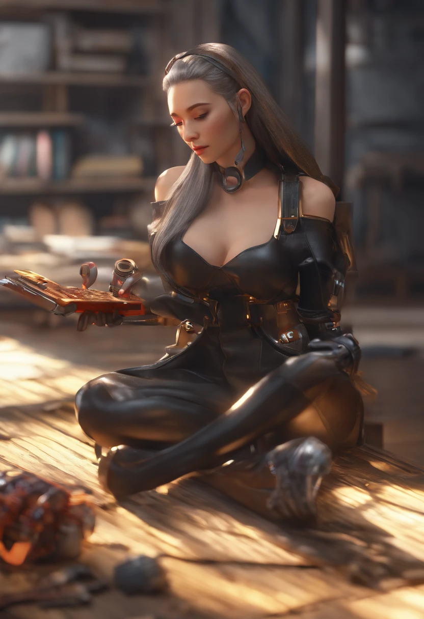 A fullbody nun,atomic heart,her face is human but body is machine,beautiful girl,Holding a MP5 in each hand,detailed pretty face,steampunk,gear, black long stockings,fantasy, global illumination, backlighting, bloom, ((cold light)), sharp focus, photo realistic, detailed skin, background out of focus, cinematic composition , ultra-detailed, realistic , hyper-realistic , volumetric lighting, 8k, trending on artstation