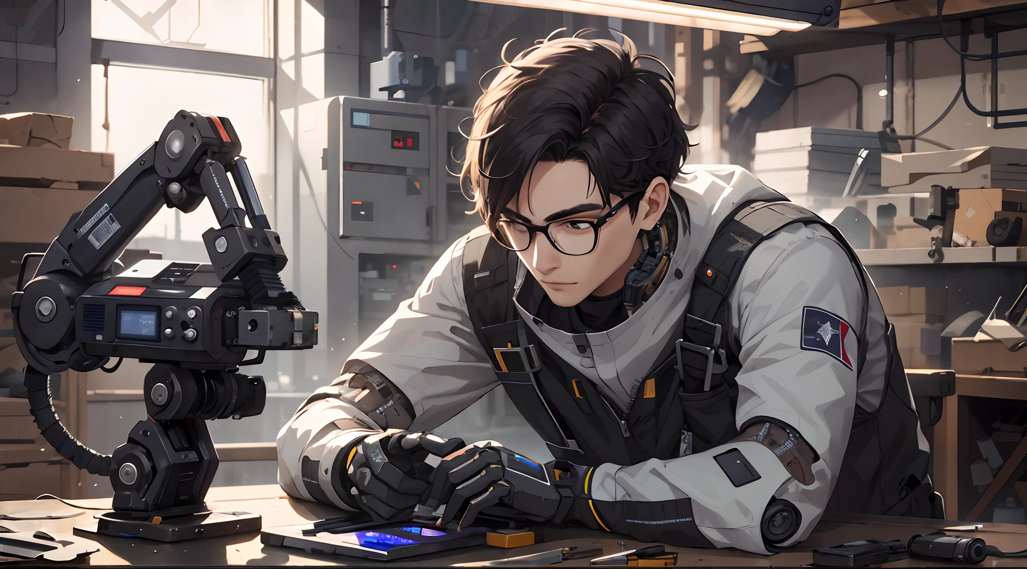 Absurd resolution, high resolution, (masterpiece: 1.4), hyper-detail, young man messy black short hair glasses welder dressed up, very technological robotic arm workbench