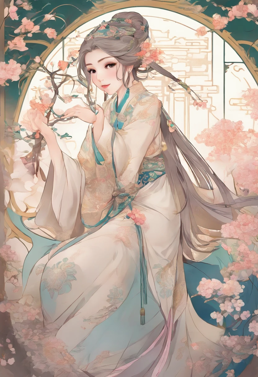 An ancient Chinese girl, Light-colored hair, Slightly curled, Realistic facial features, Hanfu，high high quality，big breasts beautiful，tmasterpiece，Best quality at best