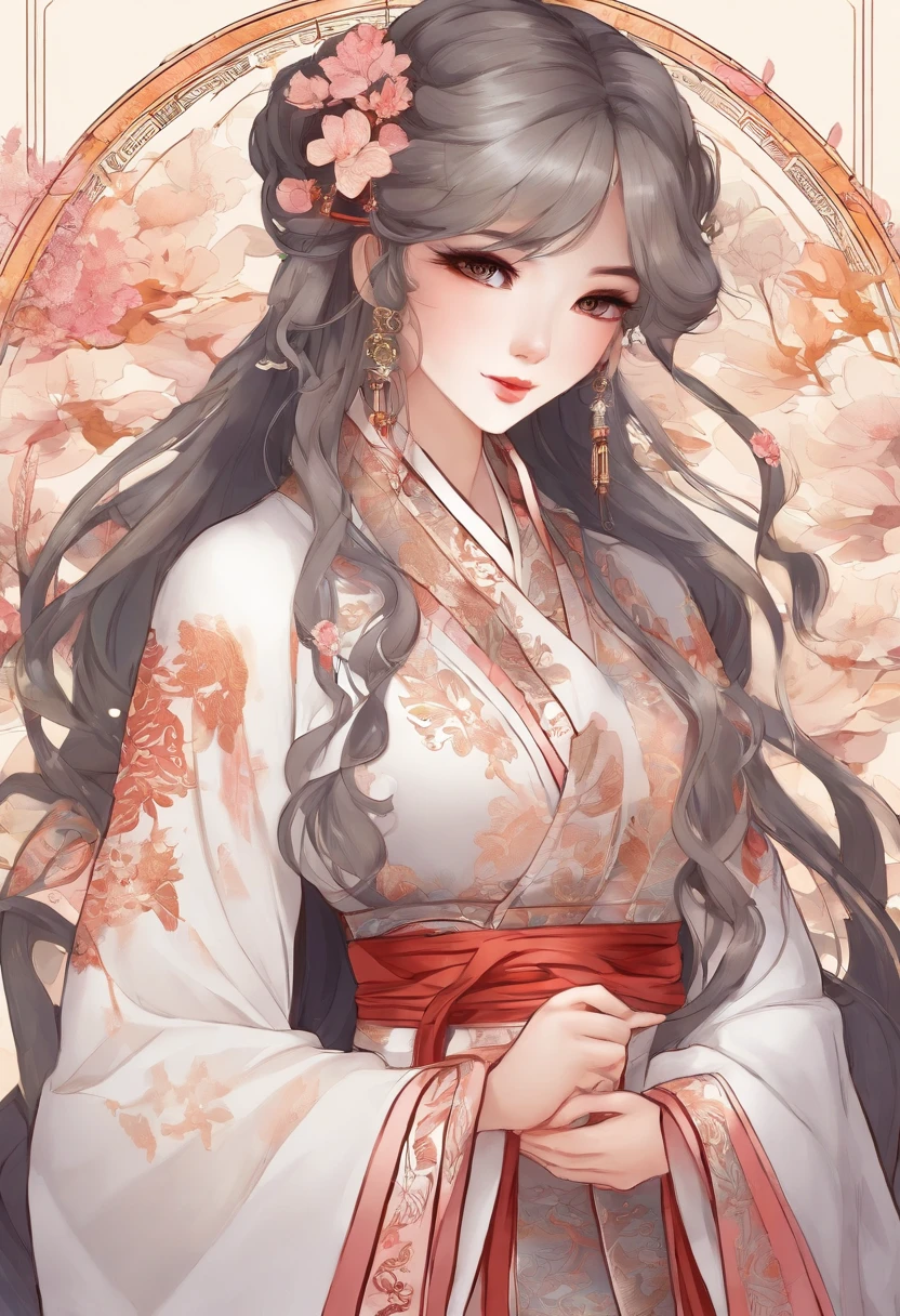 An ancient Chinese girl, Light-colored hair, Slightly curled, Realistic facial features, Hanfu，high high quality，big breasts beautiful，tmasterpiece，Best quality at best