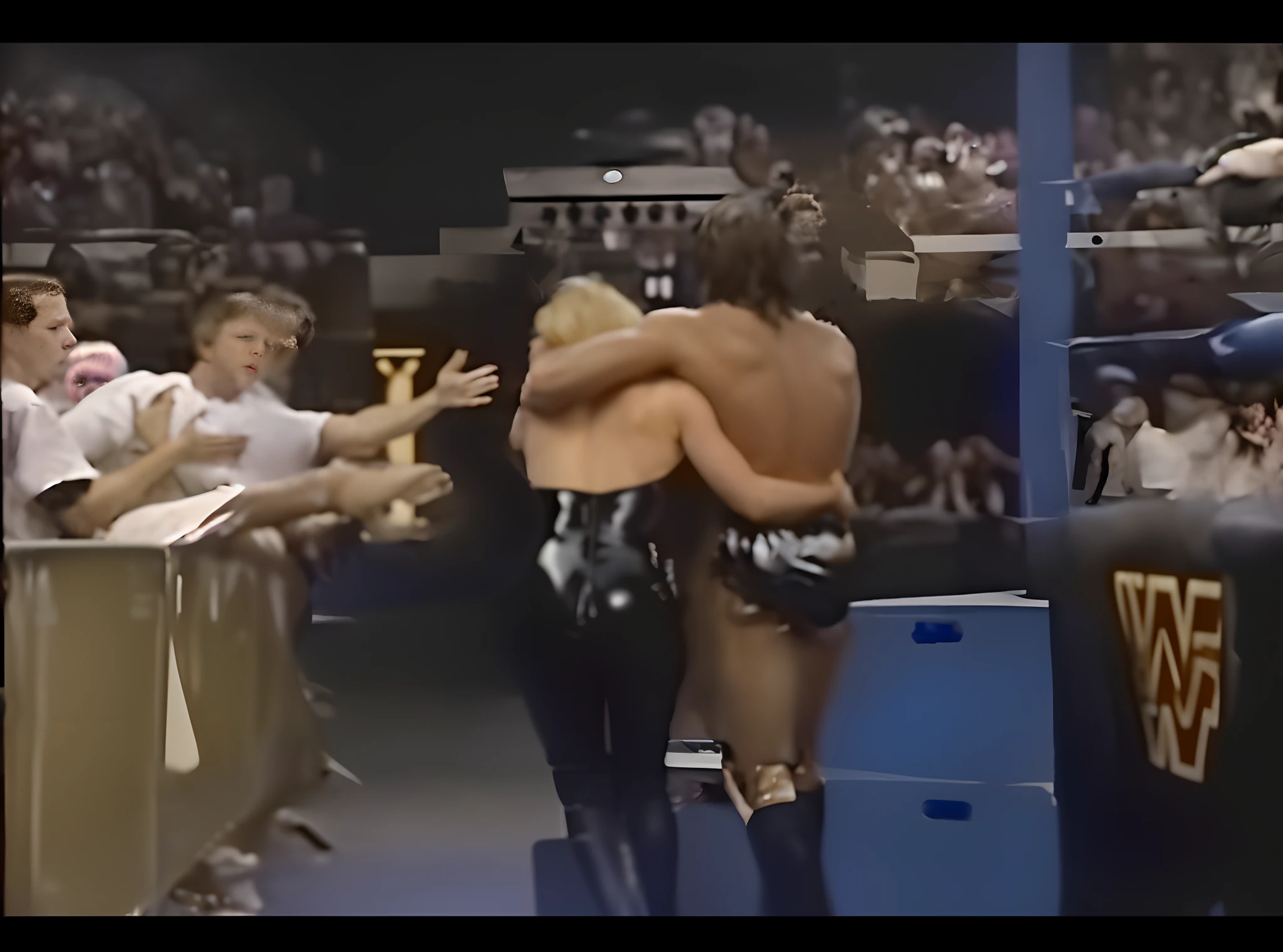 Sable Mero from behind in a black vinyl dress, there is a crowded wrestling arena, there are two people with each other tightly embraced from behind, we see a long-haired blonde woman from behind who is wearing an extremely shiny black vinyl dress, we see a naked man with a short hairstyle from behind, the blonde one A woman in a shiny black vinyl dress and the naked man are standing in the hall with each other, the naked man seems to be in pain, the naked man is leaning on the shoulder of the blonde woman in the vinyl dress, the blonde woman in the vinyl dress feels sorry for the naked man and supports him as he walks, the blonde woman holds the naked man's body upright, is really collapsing with pain, he is really fainting, she is holding him up, he is hanging on her shoulder, they are standing very close together, his hand is lying on her shoulder, arm-in-arm, she has her hand around his waist, she is wearing shiny latex, she is grabbing his waist, a man in a white tanktop, a shorthaired blond man, a girl in shiny latex clothes, a shorthaired blond man from behind, a longhaired woman in a high shine black lates dress, there is a young couple standing arm-in-arm, there is a brownhaired attractive woman wearing a high-shine black dress, a longhaired woman is holding an injured shorthaired boy, there is a boy in jeans and tanktop hugging a superhot woman that is wearing a very shiny dress, a shorthaired blond boy has a painful face and cannot walk, there is a girl giving support to an injured shorthaired boy, a wounded blond and shorthaired boy cannot walk and has to be supported by a girl, he grabs her shoulder, he has his arm around her shoulder, his hand is on her shouder, a sad looking girl supporting a wounded boy, masterpiece, super detailed background, detailed face, brown eyes, crying out, tears, desperation, pain, agony, accident pose, dramatic suffering pose, hands detailed hands