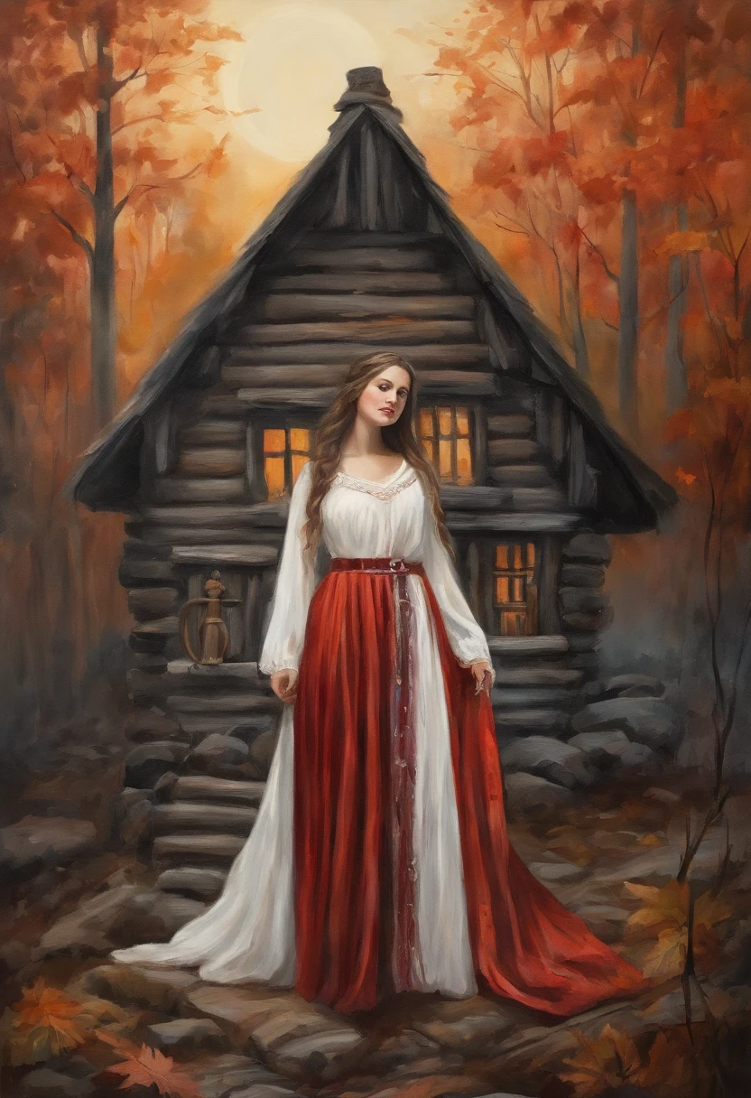 Young girl, Girl , Young face, beatiful face, beautiful brunette girl, From old Russian fairy tales, Fairytale atmosphere, Beautiful, long braids of dark black hair, brown eye, White dress with red ornate ruffles, tape, white cape on the shoulders, autumn, woods, Autumn Forest, the night, lunar crescent Gloomy atmosphere, The dark forest behind you, There are clouds in the sky, (Against the background of an old hut, old log house) the night, Hut in the background, Moon in the background, Night in the background, The forest is dense in the background.