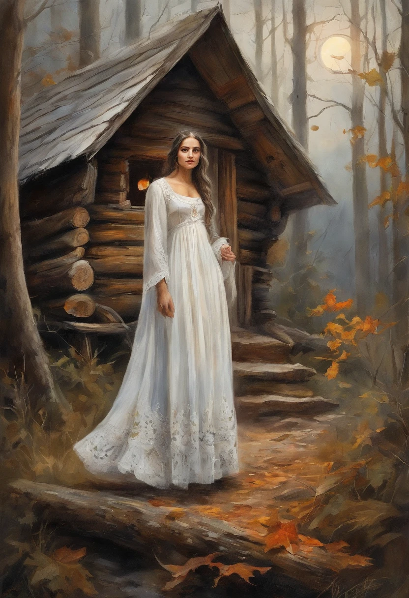 Young girl, Girl 17 years old, Young face, beatiful face, beautiful brunette girl, From old Russian fairy tales, Fairytale atmosphere, Beautiful, long braids of dark black hair, brown eye, White dress with red ornate ruffles, tape, white cape on the shoulders, autumn, woods, Autumn Forest, the night, lunar crescent Gloomy atmosphere, The dark forest behind you, There are clouds in the sky, (Against the background of an old hut, old log house) the night, Hut in the background, Moon in the background, Night in the background, The forest is dense in the background.