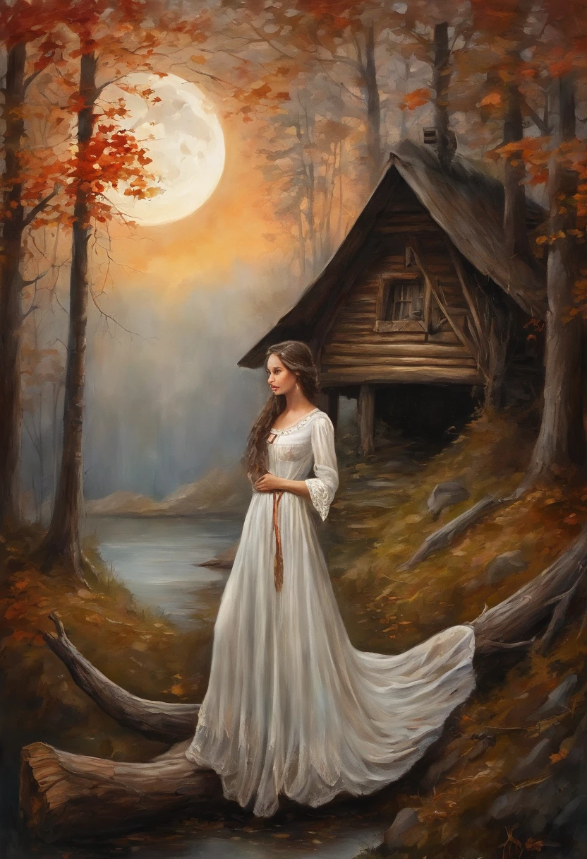 Young girl, Girl 17 years old, Young face, beatiful face, beautiful brunette girl, From old Russian fairy tales, Fairytale atmosphere, Beautiful, long braids of dark black hair, brown eye, White dress with red ornate ruffles, tape, white cape on the shoulders, autumn, woods, Autumn Forest, the night, lunar crescent Gloomy atmosphere, The dark forest behind you, There are clouds in the sky, (Against the background of an old hut, old log house) the night, Hut in the background, Moon in the background, Night in the background, The forest is dense in the background.
