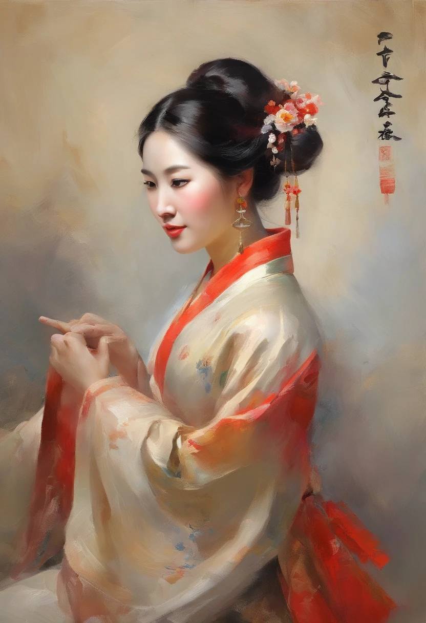 An ancient Chinese girl, Light-colored hair, Slightly curled, Realistic facial features, Hanfu,high high quality,big breasts beautiful,tmasterpiece,Best quality at best