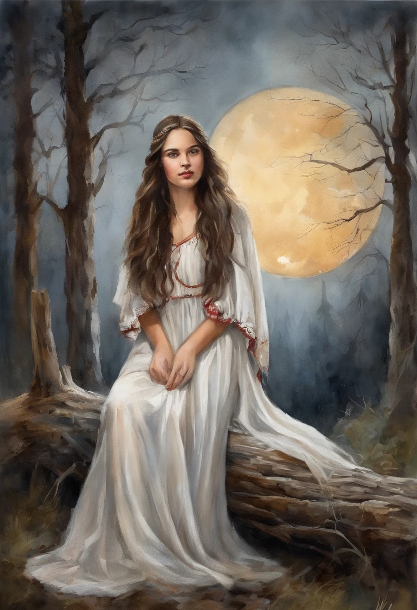 Young girl, Girl 17 years old, Young face, beatiful face, beautiful brunette girl, From old Russian fairy tales, Fairytale atmosphere, Beautiful, long braids of dark black hair, brown eye, White dress with red ornate ruffles, tape, white cape on the shoulders, autumn, woods, Autumn Forest, the night, lunar crescent Gloomy atmosphere, The dark forest behind you, There are clouds in the sky, (Against the background of an old hut, old log house) the night, Hut in the background, Moon in the background, Night in the background, The forest is dense in the background.