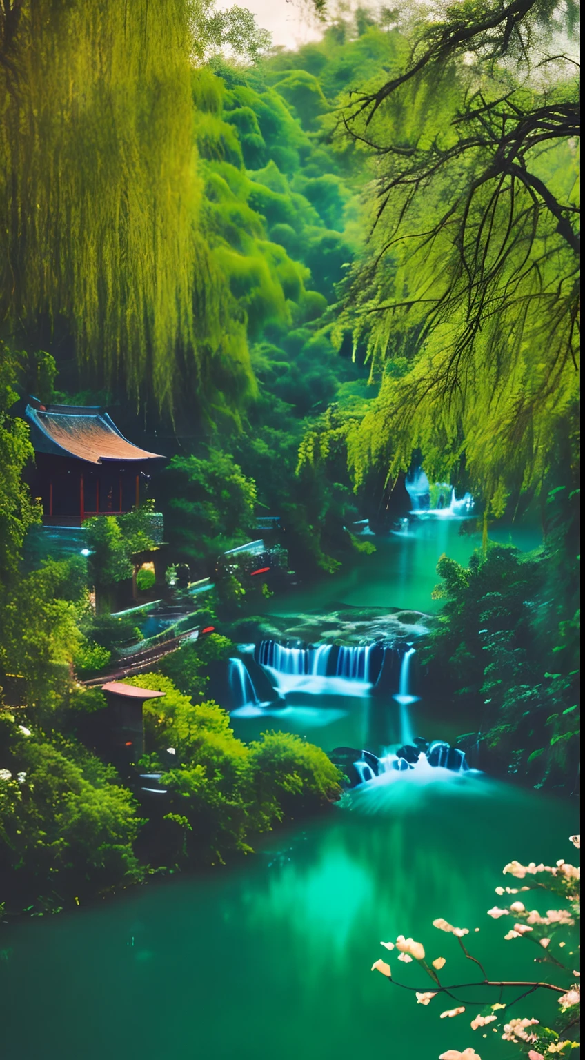At dusk, green trees, willows flying, surrounded by blue water, small bridges and flowing water, antique color, floral fragrance, warm as jade, birds singing and flowers, water town paintings, leisurely, real photography, 16K resolution