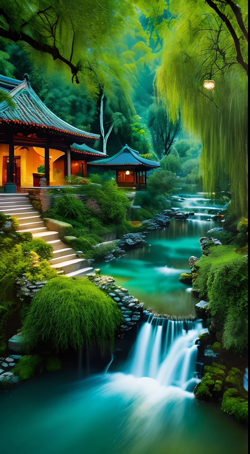 At dusk, green trees, willows flying, surrounded by blue water, small bridges and flowing water, antique color, floral fragrance, warm as jade, birds singing and flowers, water town paintings, leisurely, real photography, 16K resolution